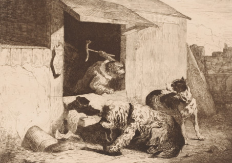 Monkey dressed as a shoemaker chasing away two dogs biting shoes, Le singe savetier, The shoemaker,