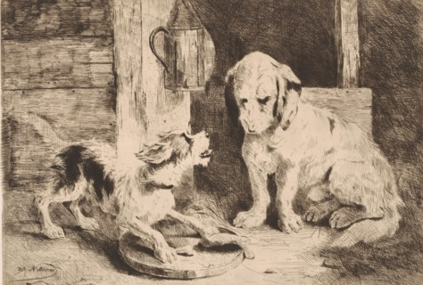 Two dogs by a lantern and a plate of food, print, printmaker: Zacharie Noterman, 1830 - 1890,
