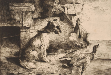 Dog on a chain and a duck, print, printmaker: attributed to Zacharie Noterman, 1830 - 1890,