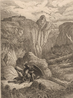 Two knights in armor defending each other in a rocky landscape, print, printmaker: attributed to