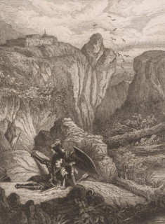 Two knights in armor defending each other in a rocky landscape, print, printmaker: attributed to