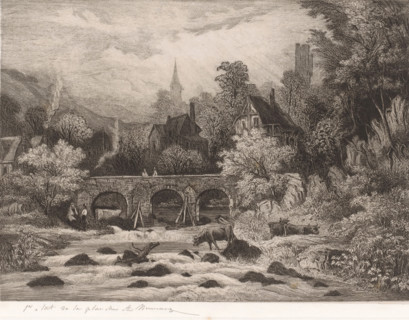 Landscape with village in a mountain valley along a river with bridge, print, inscription: '1e etat