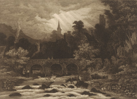 Landscape with village in a mountain valley along a river with bridge, print, printmaker: Auguste