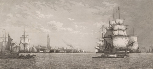 View of Antwerp from the Scheldt, print, printmaker: Auguste Numans, Belgium, after design by Paul