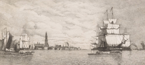 View of Antwerp from the Scheldt, print, Hippert&Linnig 63, printmaker: Auguste Numans (signed by