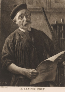 The final proof, Printer studying a proof, print, workshop stamp: 'Antwerp Etchers 1880',