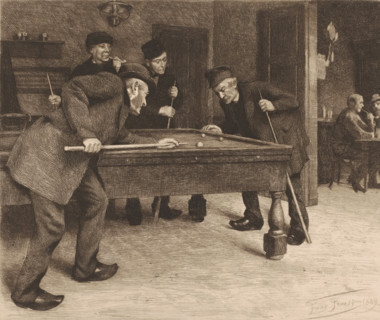 Men playing billiards in a café, print, workshop stamp: 'Antwerpsche Etsers 1880', printmaker: