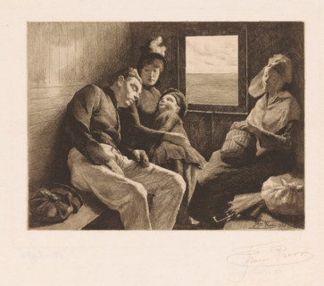 Four people in a third class compartment, print, annotation: 'En troisième', printmaker: Frans