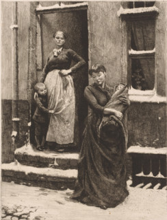 Two women with children at a doorway, print, Illustration for the fable 'The Cricket and the Ant'.,