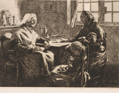 Mother with two children visiting grandmother, print, printmaker: Frans Proost, 1885 - 1913, paper,