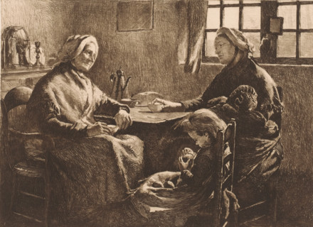 Mother with two children visiting grandmother, print, workshop stamp: 'Antwerp Etsers 1880',