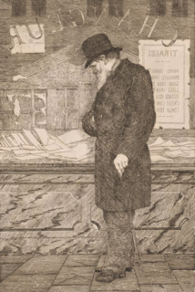 Man looking through the window of a currency exchange office, print, printmaker: Arthur Puls, 1875