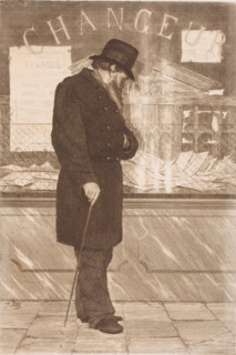 Man looking through the window of a currency exchange office, print, printmaker: Arthur Puls, c.