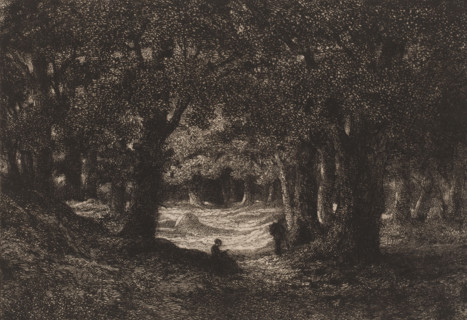 Three figures resting in a forest, print, inscription: 'Epreuve unique', printmaker: attributed to