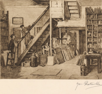 Two men by a staircase in an Antwerp lithographer's workshop, print, mark: 'Antwerpsche Etsers