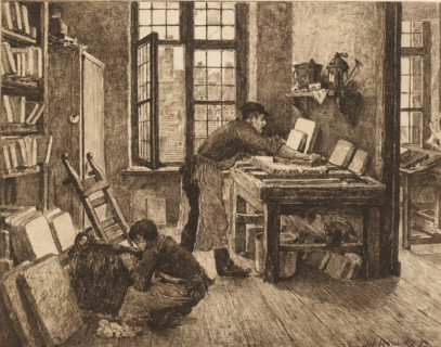 Lithographer at work in his workshop, print, mark: 'Antwerpsche Etsers 1880', printmaker: Jos