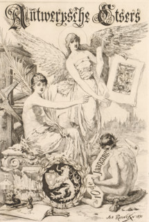 Allegorical figure with wings showing prints amidst graphic attributes, Antwerp Etchers, 10th year,