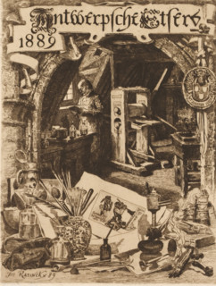 Graphic artist in his workshop with various graphic attributes in the foreground, Antwerp Etchers