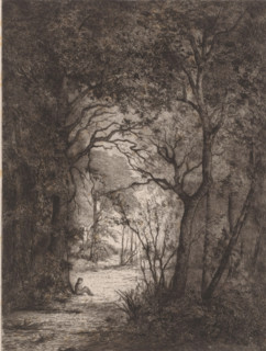 Man resting in a clearing in a forest, print, printmaker: Emilie Rolin-Jacquemijns (signed by