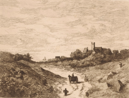 Landscape with figure and carriage on a road towards a body of water, print, mark: 'Antwerpsche