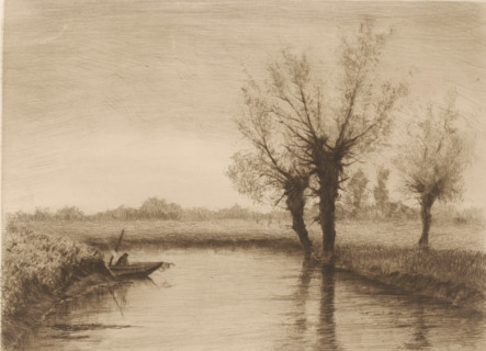 Landscape with three willows along a brook and a fishing boat on the water, print, printmaker:
