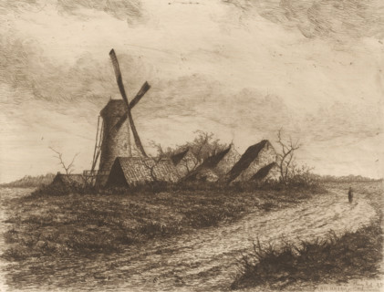Landscape with the Cathelijne windmill and houses, Cathelijne windmill, print, printmaker: Henri