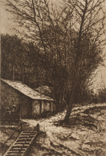 Winter landscape with a farm near a staircase, print, printmaker: Henri Rul, 1872 - 1913, paper,
