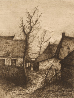 Woman hanging laundry outside at a farm, print, mark: 'Antwerpsche Etsers 1880', printmaker: Henri