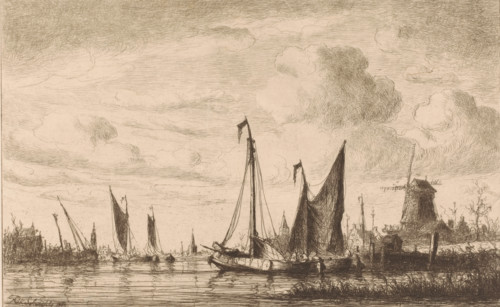 View of Zaandam with boats in the foreground, print, mark: 'Antwerpsche Etsers 1880', printmaker: