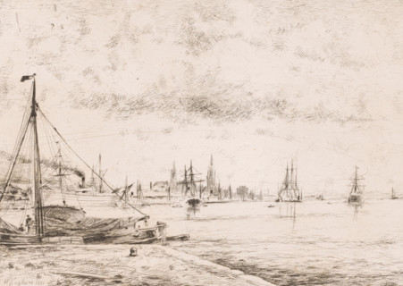 Sailing ships on the Scheldt near Antwerp, print, printmaker: Henri Seghers, 1881, paper, etching,