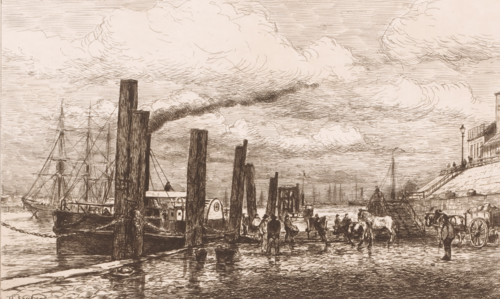 Paddle steamer moored at a quay, print, printmaker: Henri Seghers, 1858 - 1913, paper, etching,