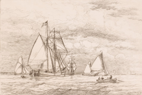 Sailing ships and a rowboat on open water, print, printmaker: Henri Seghers, 1886, paper, etching,