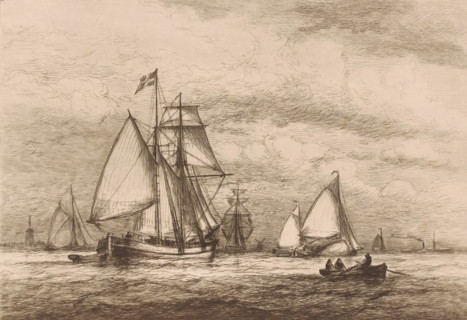 Sailing ships and a rowboat on open water, print, workshop stamp: 'Antwerpsche Etsers 1880',