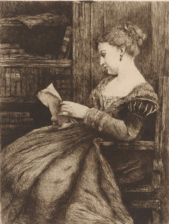 The letter, Woman in an armchair reading a letter, print, printmaker: Eugène Smits, publisher: