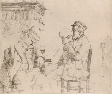 Two men drinking at a table by a fireplace, print, printmaker: Jozef van Snick, 1886 - 1887, paper,