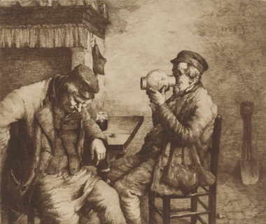 Two men drinking at a table by a fireplace, print, printmaker: Jozef van Snick, 1886 - 1887, paper,