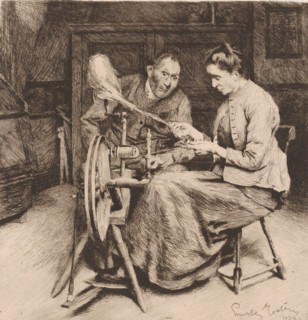 Man and woman by a spinning wheel, print, printmaker: Charles Mertens, 1889, paper, etching,