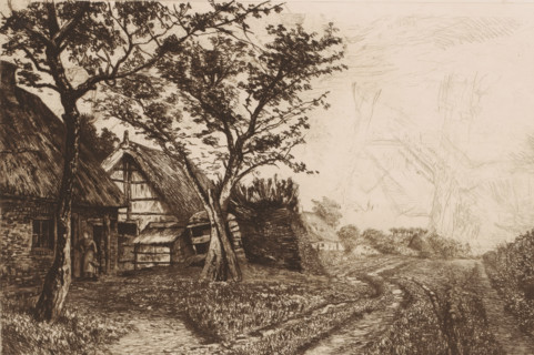 Landscape with farmhouses and mill, print, annotation: '2nd State, March 19, 1883', printmaker: