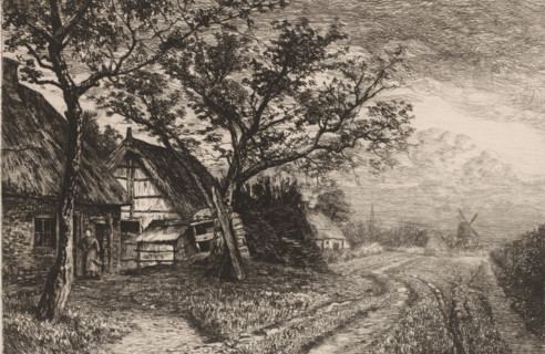 Landscape with farms and mill, print, annotation: '4emè Etât, 31 Mars 1883', printmaker: Jerôme