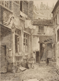 View of a courtyard in Antwerp, print, printmaker: Edouard Tyck, 1888, paper, pencil, etching,