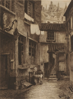 View of a courtyard in Antwerp, print, annotation: 'Vielle cour Anversoise', workshop stamp: