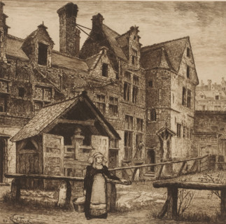 View of the courtyard of the St. Anna Gasthuis, print, annotation: 'L'ancien hospice des dames, rue