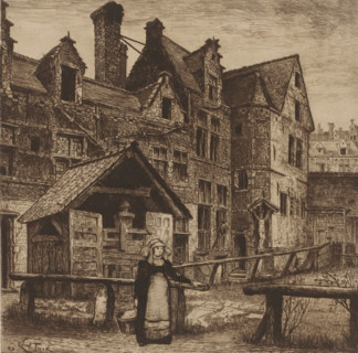 View of the courtyard of the St. Anna Gasthuis, print, annotation: 'L'ancien hospice des dames, rue