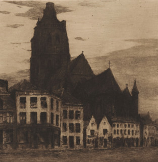 View of the Saint Walburga Church in Oudenaarde, print, annotation: '1a, 12, 77 in drawn triangle',