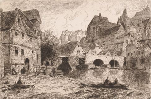 Cityscape with river, print, inscription: 'From 'Radigungen' Weimar 1885', printmaker: Theodor