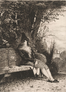 Man dressed as a harlequin, sitting in a park, print, inscription: 'From 'Radierungen' Weimar