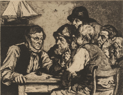 Sailors seated at a table listening to one of them, print, inscription: 'Tire a 2 exemplare 5