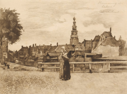 Memory of Zeeland, Woman in Zeeland traditional costume with a view of Vlissingen in the