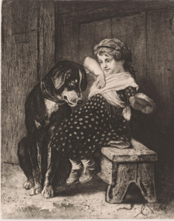 Girl with dog looking at her sandwich, print, printmaker: Charles Verlat, 1834 - 1890, paper, chine