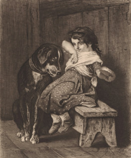 Girl with dog looking at her sandwich, print, printmaker: Charles Verlat, 1834 - 1890, paper,